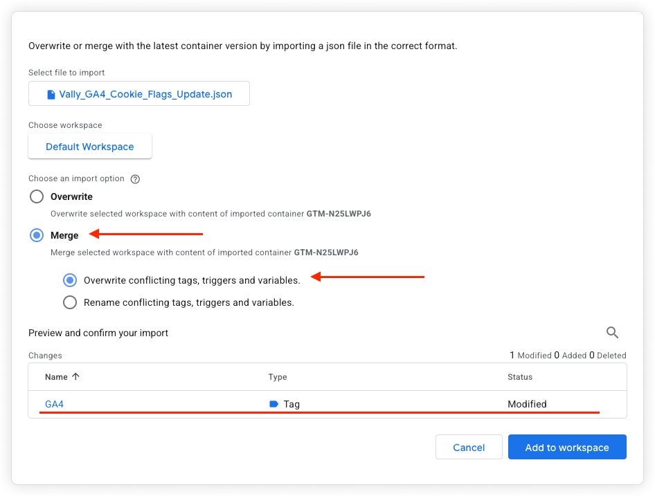 GTM import preview showing Merge, overwrite conflicting items, and only the GA4 tag modified