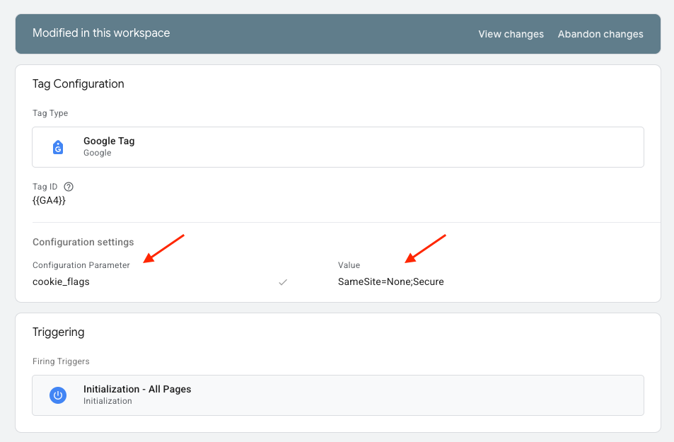 GA4 Google tag with cookie_flags set to SameSite=None;Secure