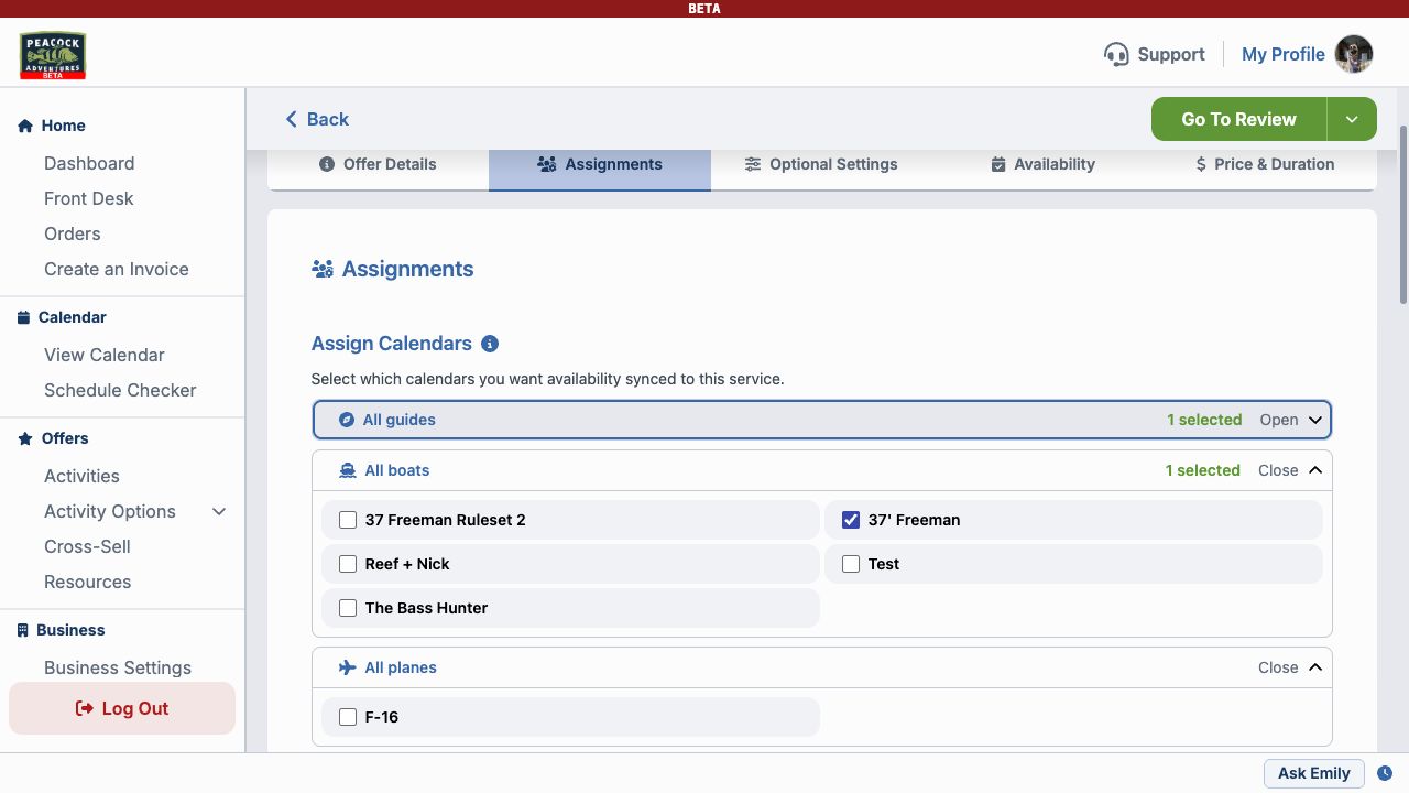 Assignments tab with guide and boat calendar selections