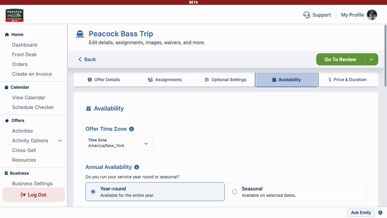 Availability tab with time zone and annual availability settings