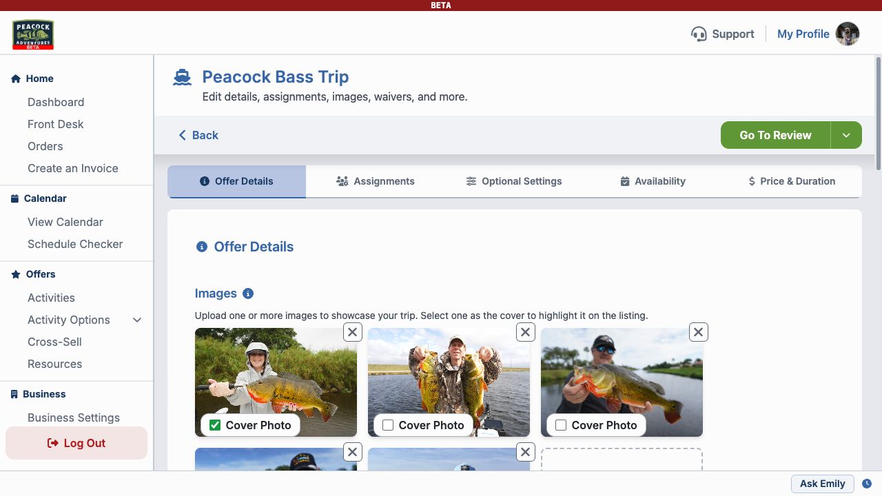 Offer Details tab with activity images and cover photo selection