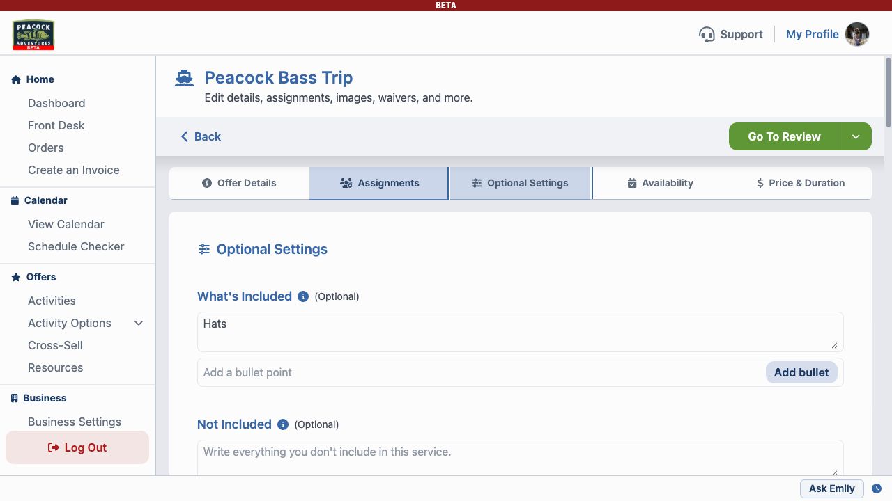 Optional Settings tab with included and not included details