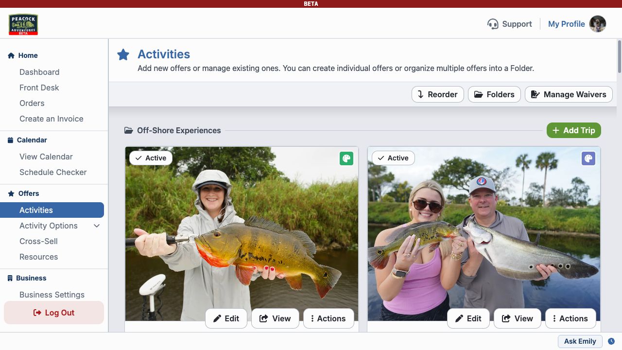Activities page with activity folders and booking cards