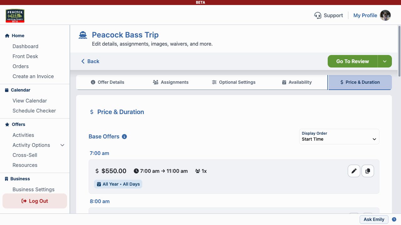 Price and Duration tab with activity offers and prices