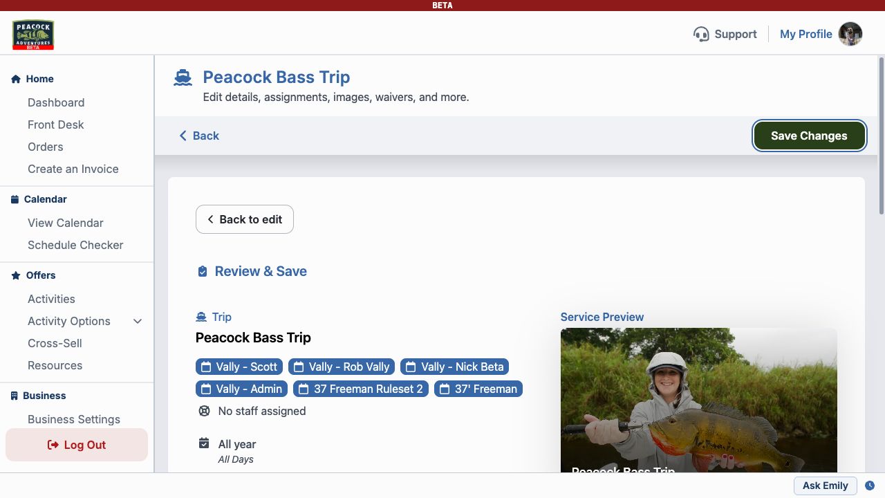 Review and Save screen with activity summary and customer preview