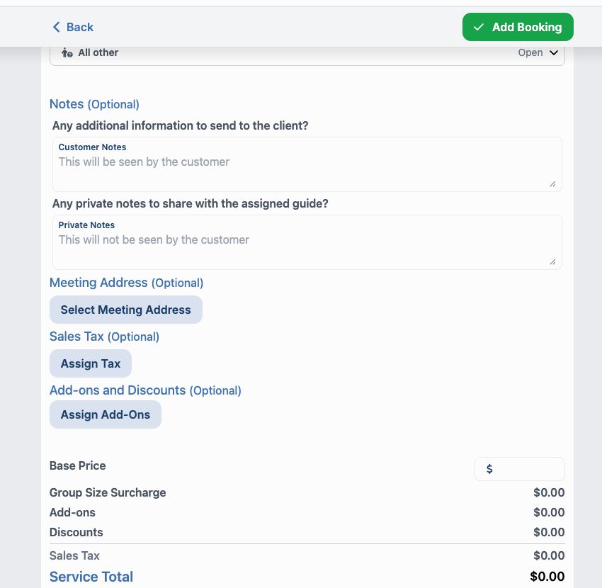 The completed lower form with optional settings, totals, and Add Booking available