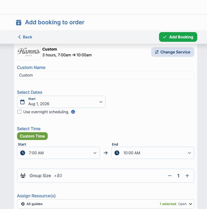 The Add Booking form with a selected service, date, time, group size, and resource