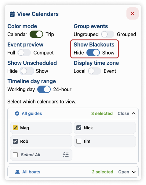 Show Blackouts option enabled in the Calendar Options dropdown