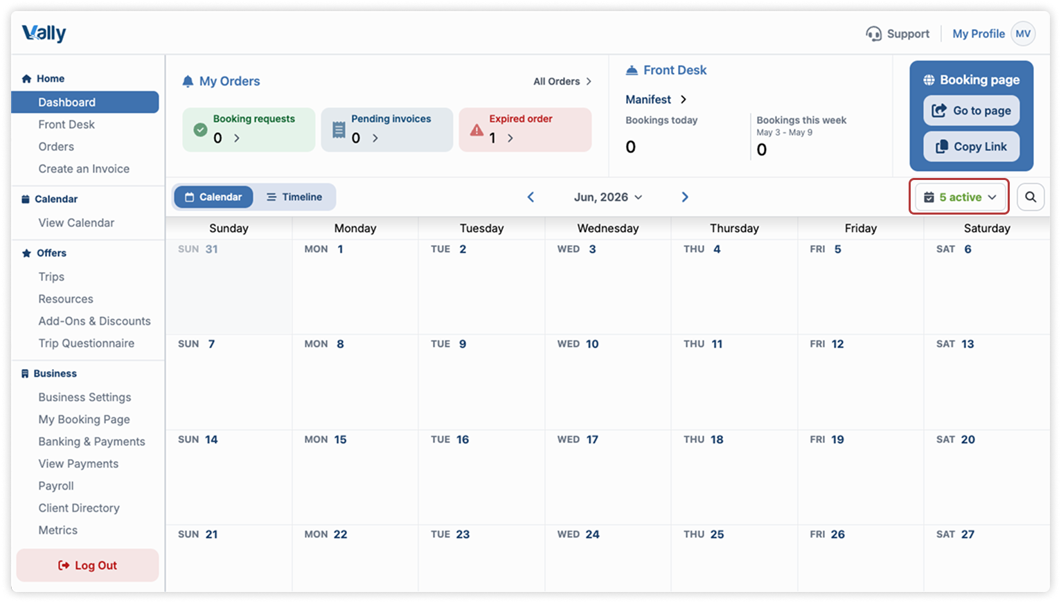 Calendar Options dropdown on the Vally calendar