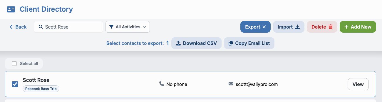 Scott Rose selected for CSV export or copying an email list