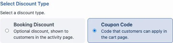 Discount type choices with Coupon Code selected for customer cart use