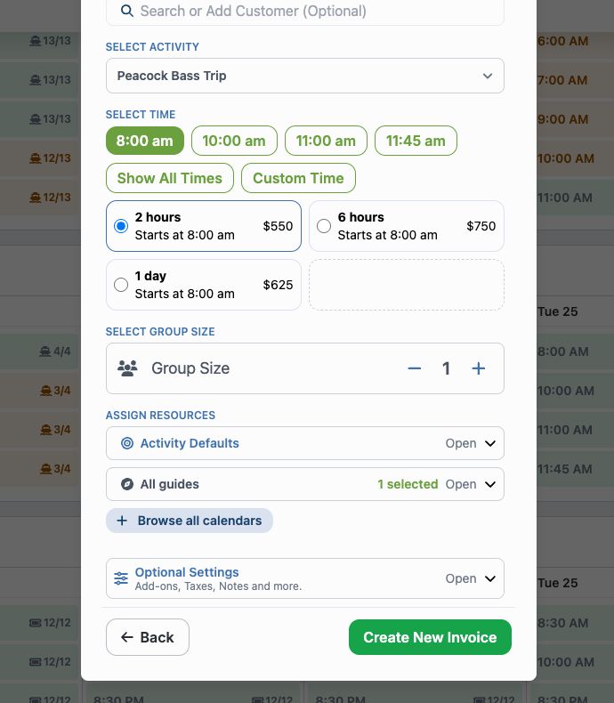 Ready booking with one selected guide and Create New Invoice available