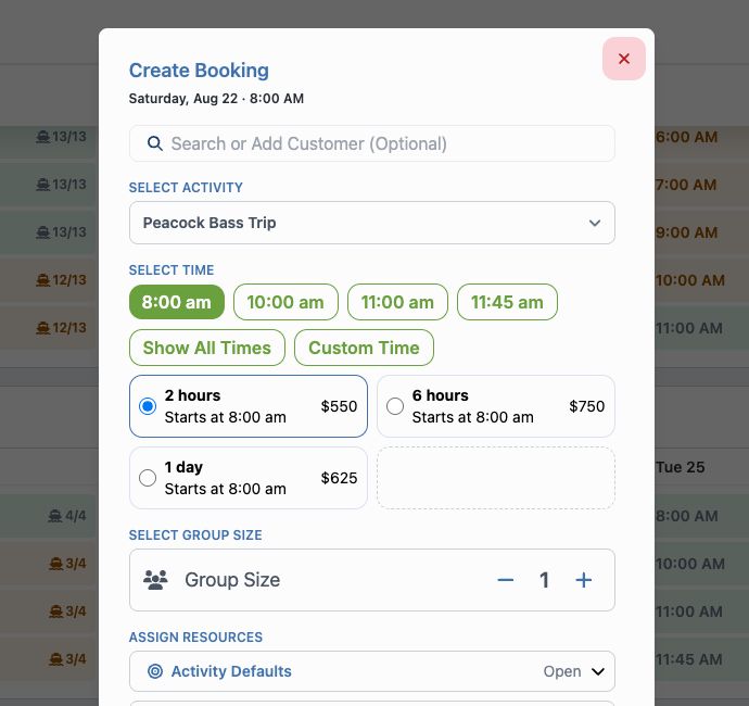 Create Booking dialog with the selected activity, time, offering, and group size