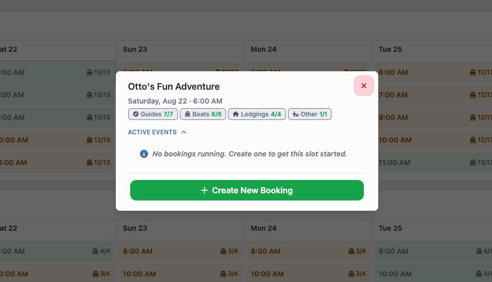 Full Schedule slot dialog with capacity and Create New Booking