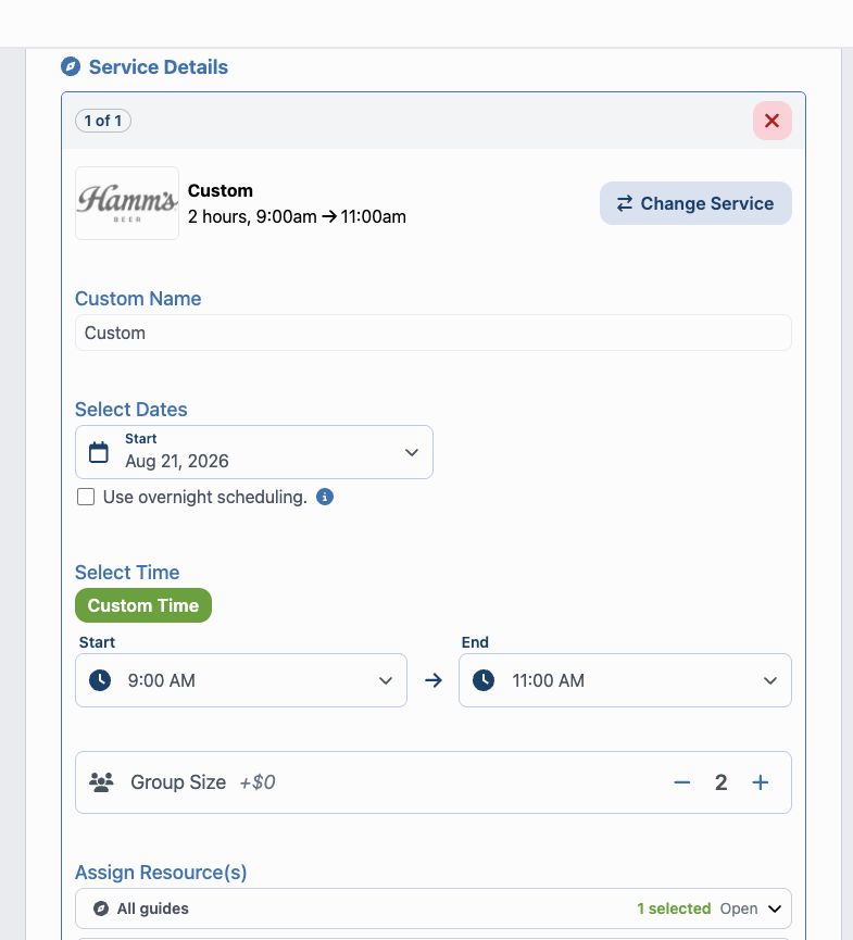 Complete Custom booking details with date, time, group size, and one selected resource