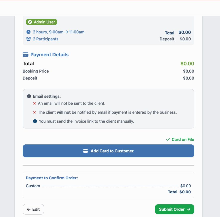 Invoice review with payment details and Submit Order available