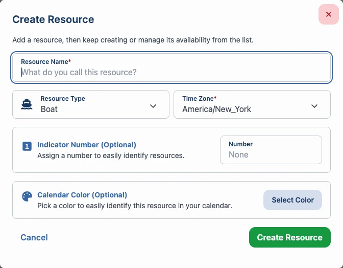 Create Resource dialog with resource name, type, time zone, indicator number, and calendar color