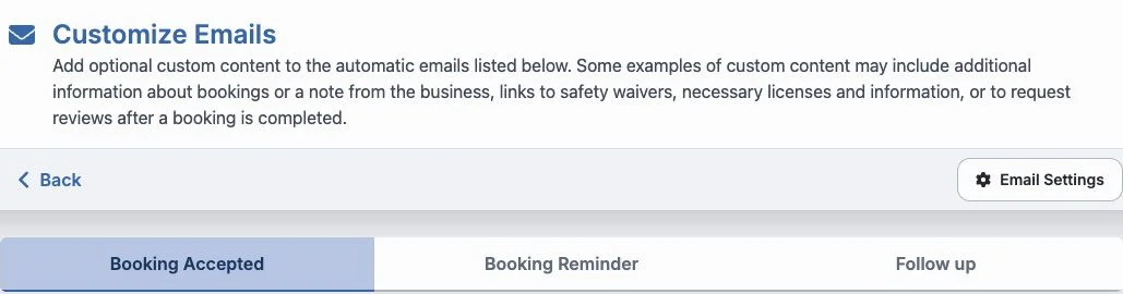 Customize Emails page with Booking Accepted, Booking Reminder, and Follow up tabs