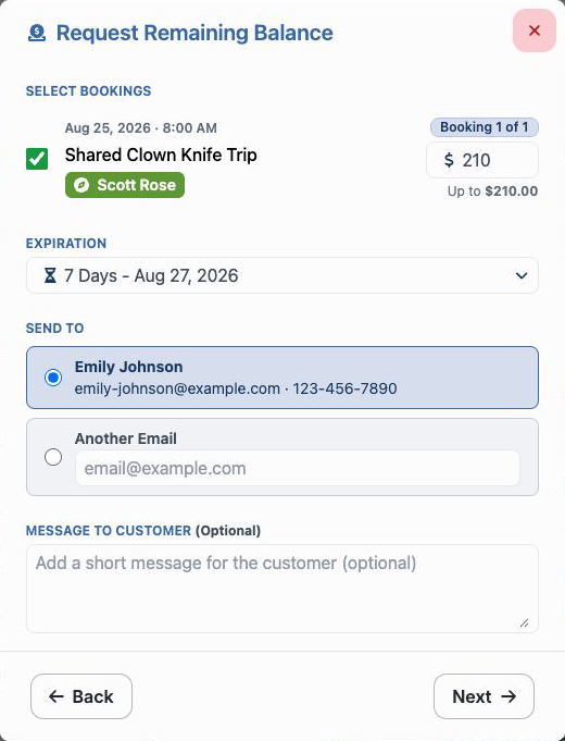 Request Remaining Balance window with booking, amount, expiration, recipient, and message controls