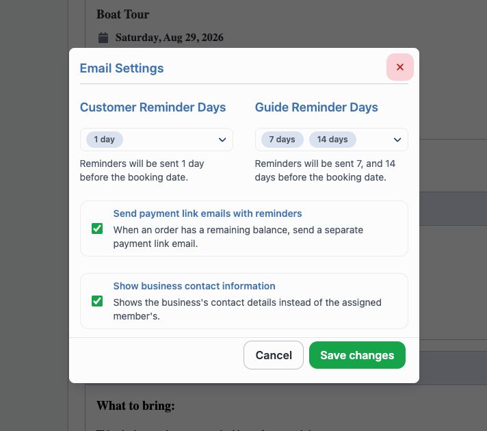 Email Settings dialog with automatic payment link emails enabled