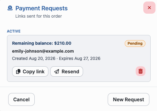 Payment Requests window with an active remaining-balance request and its management actions