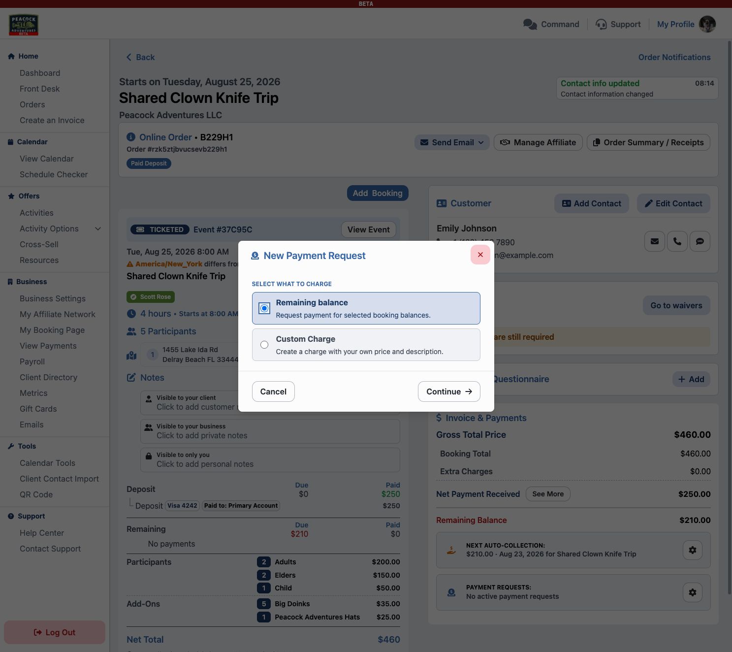 New Payment Request window with Remaining balance and Custom Charge options