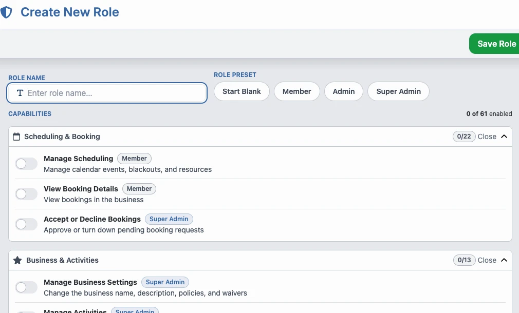 Create New Role screen with role presets and staff capability controls