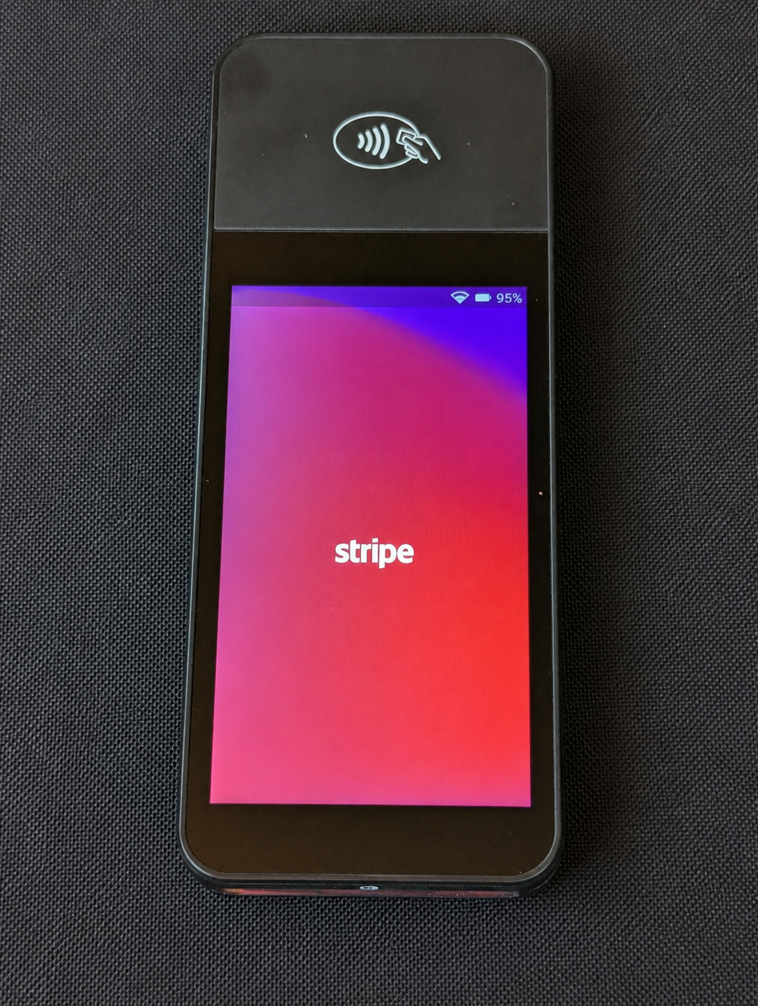 Stripe Terminal reader displaying the Stripe startup screen